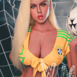 Sex doll in a yellow sports jersey with a soccer ball in the background